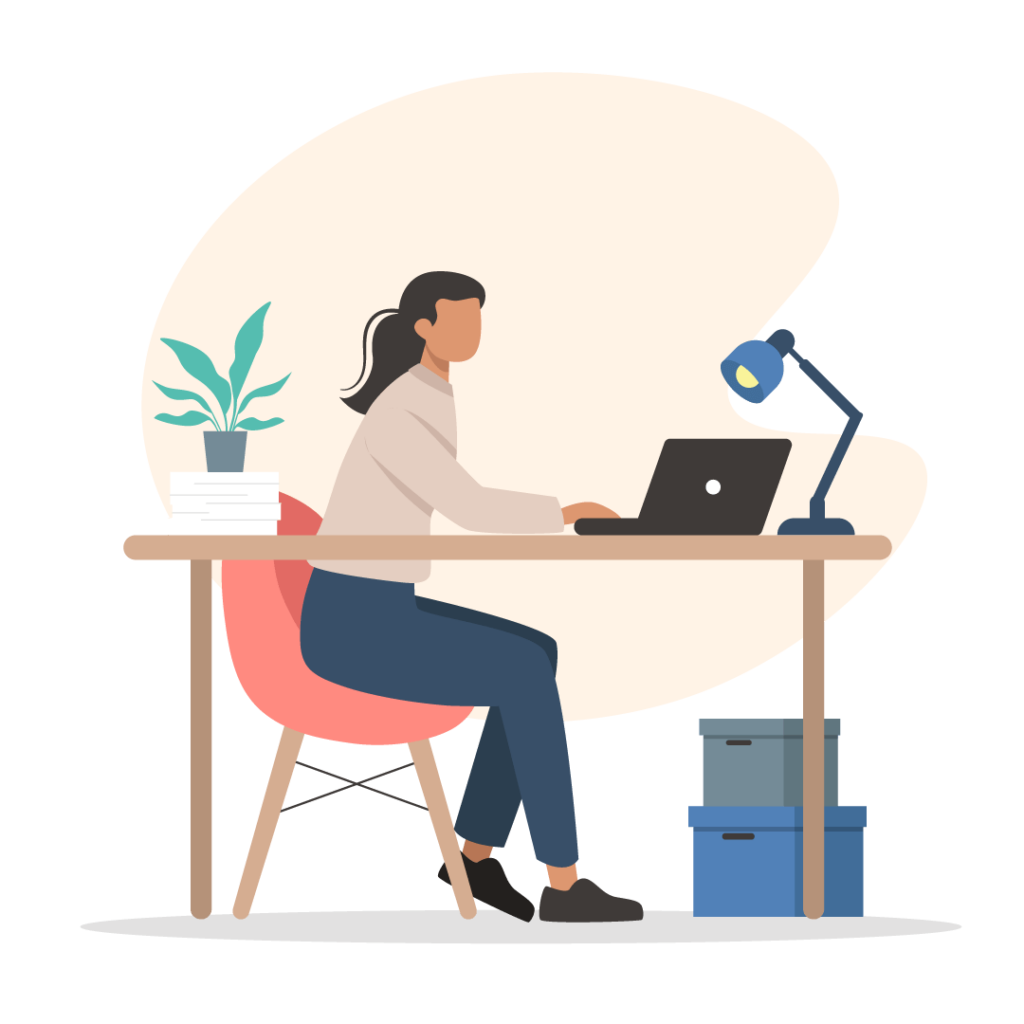 Illustration of a woman at a desk working on a laptop